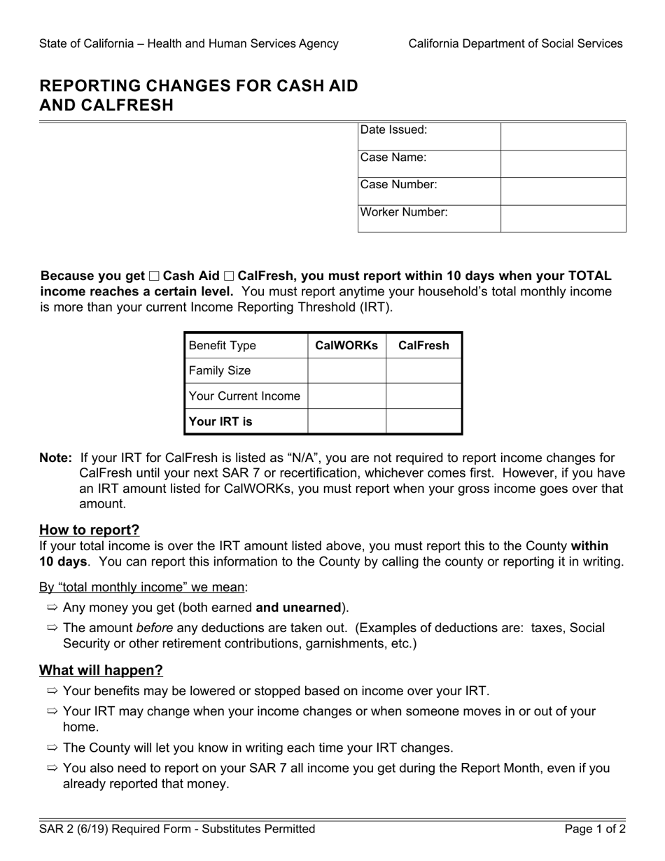 Form SAR2 Download Fillable PDF or Fill Online Reporting Changes for Cash  Aid and Calfresh California | Templateroller