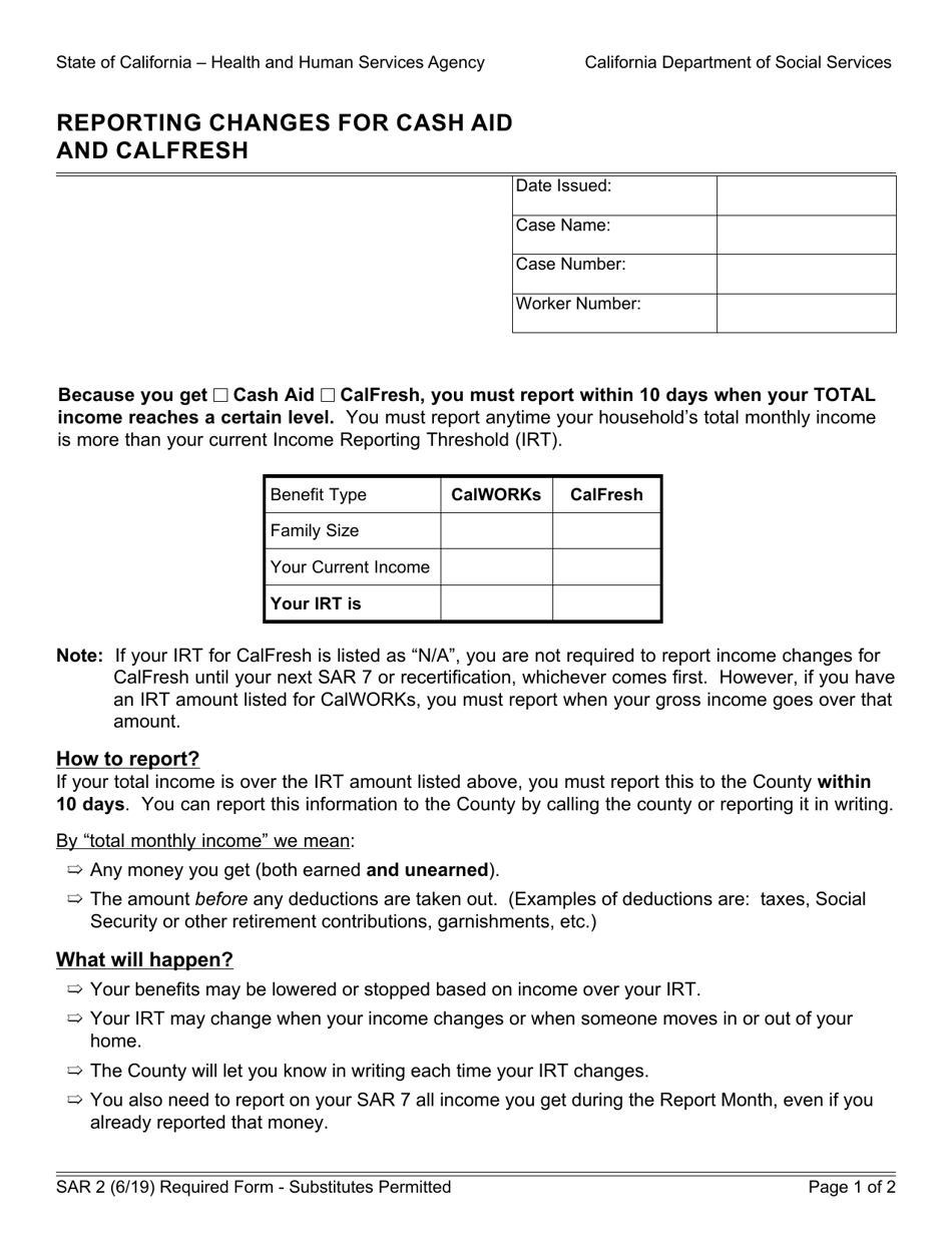 Form SAR2 Reporting Changes for Cash Aid and Calfresh - California, Page 1