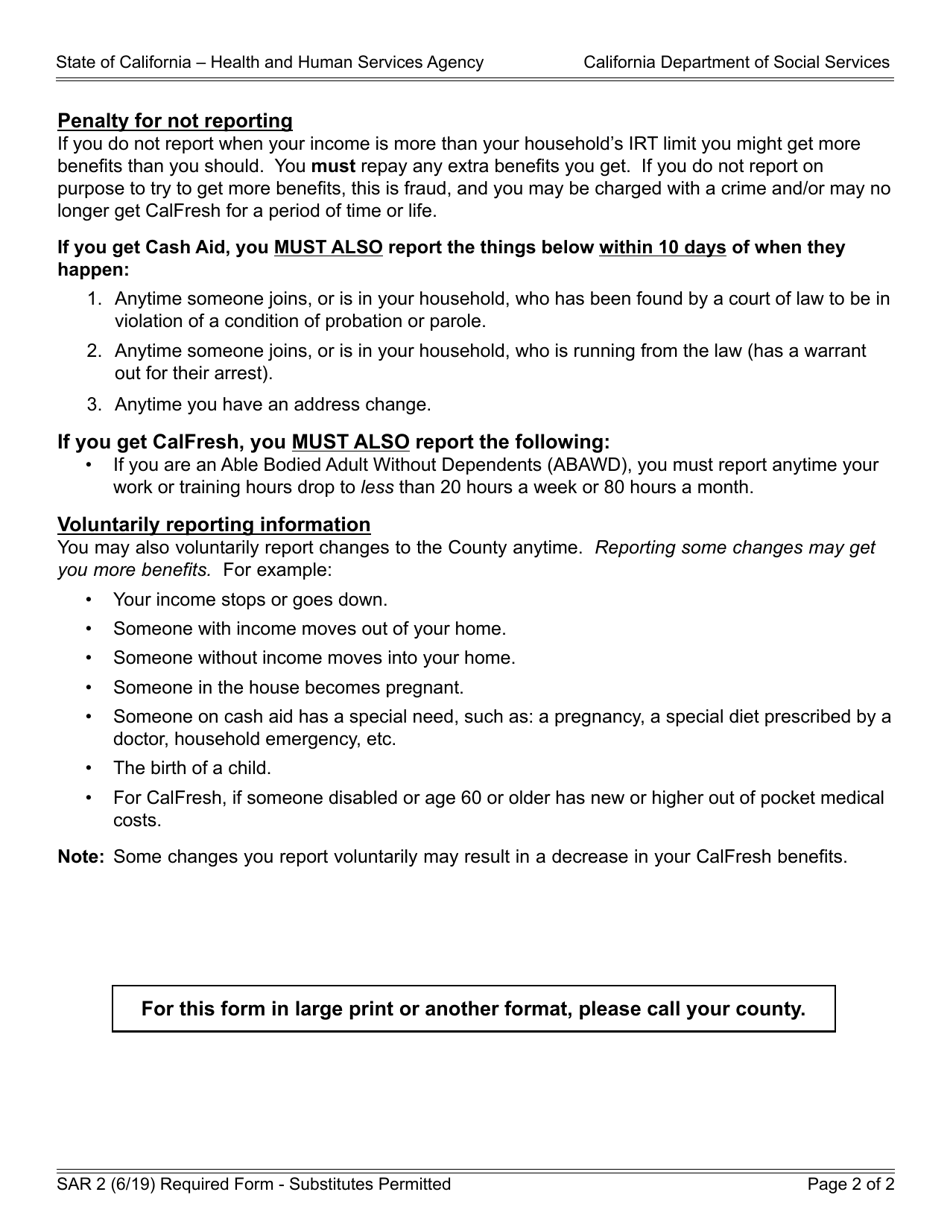 Form SAR2 Reporting Changes for Cash Aid and Calfresh - California, Page 2