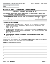 Document preview: Form RFA01B Resource Family Criminal Record Statement - California