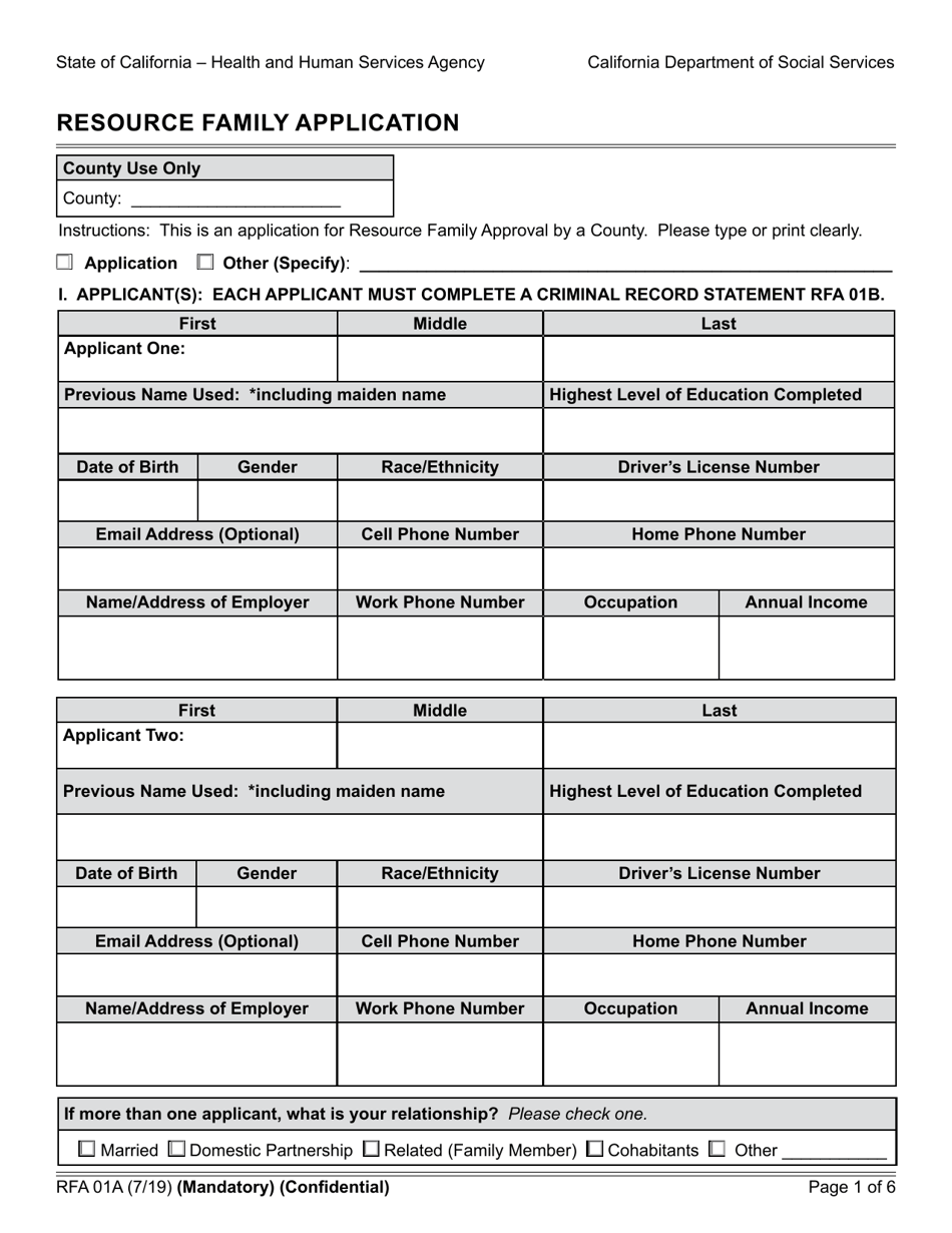 Form RFA01A Resource Family Application - California, Page 1