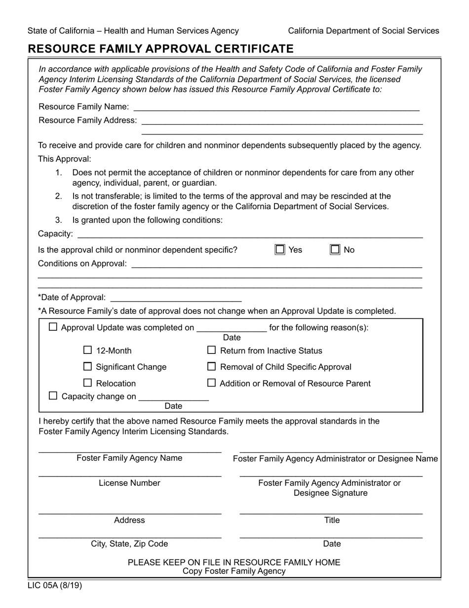 Form LIC05A Resource Family Approval Certificate - California, Page 1