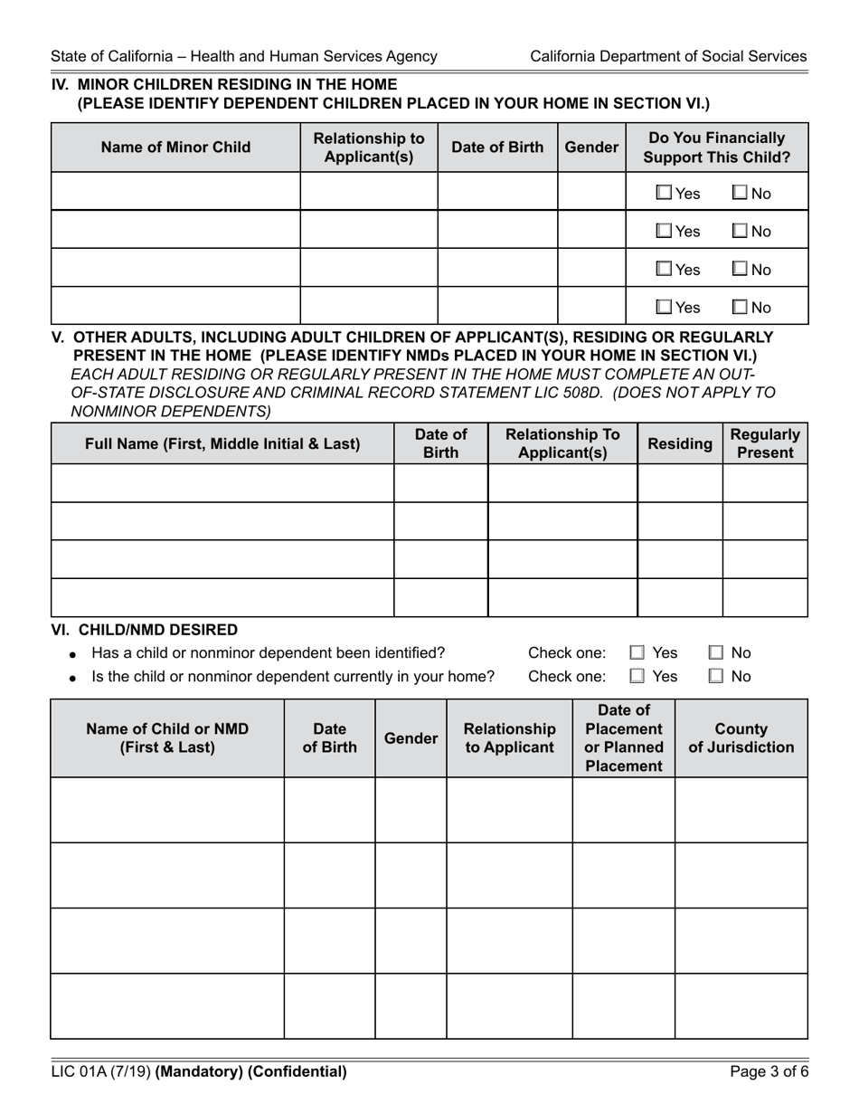Form LIC01A Resource Family Application - California, Page 3
