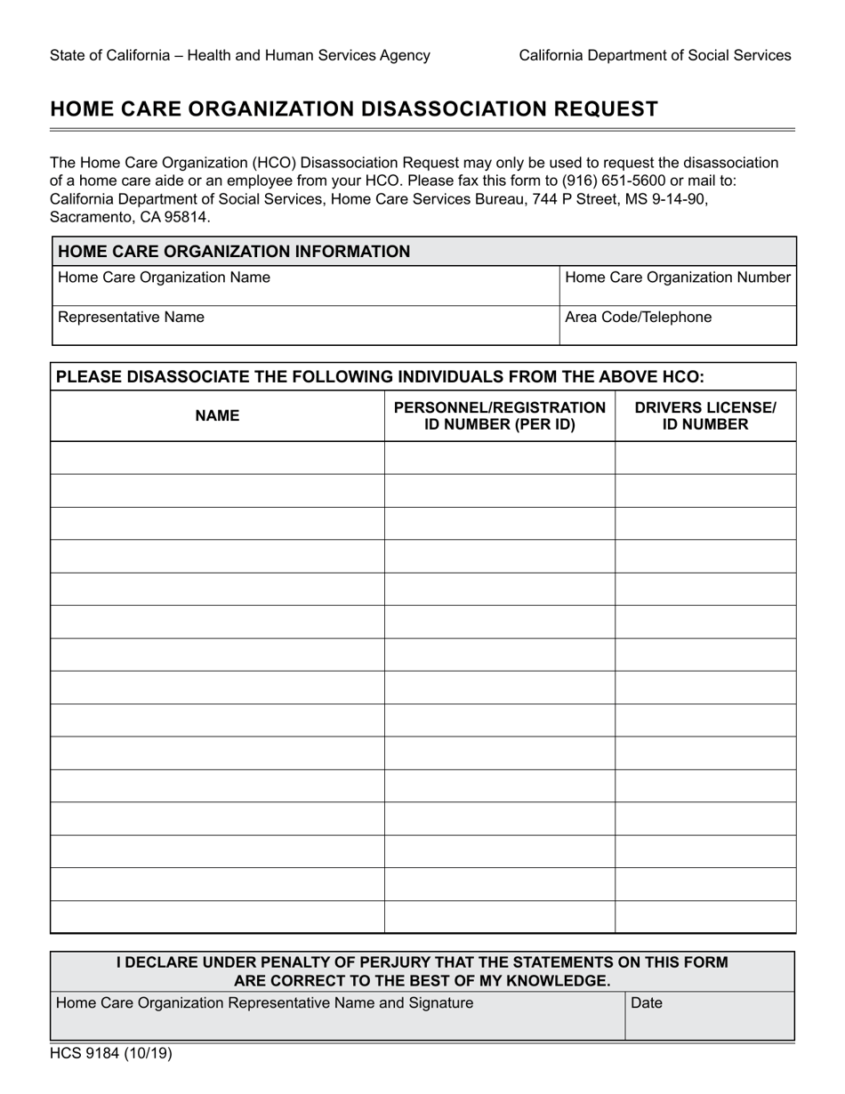 Form HCS9184 Home Care Organization Disassociation Request - California, Page 1