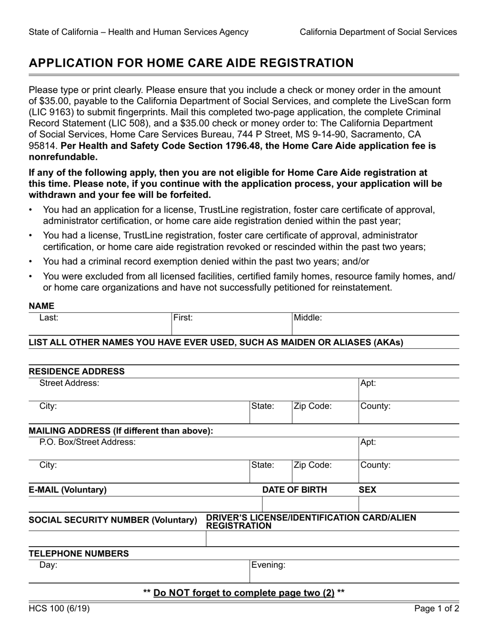 Form HCS100 Application for Home Care Aide Registration - California, Page 1