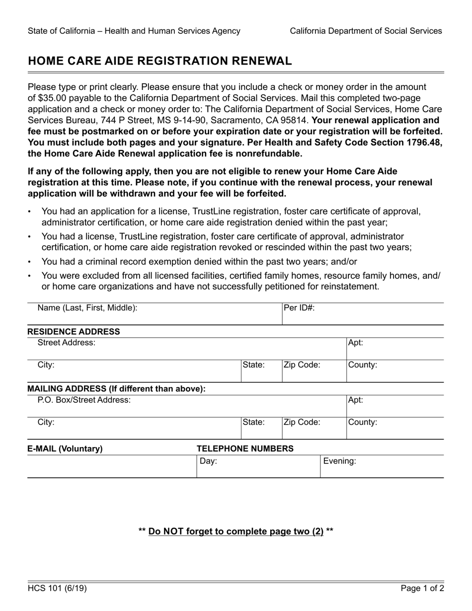 Form HCS101 Home Care Aide Registration Renewal - California, Page 1