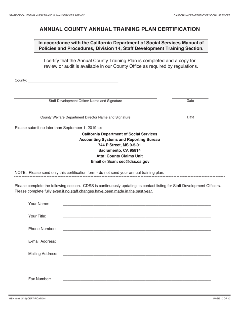 Form GEN1031 Annual County Training Plan - California, Page 10