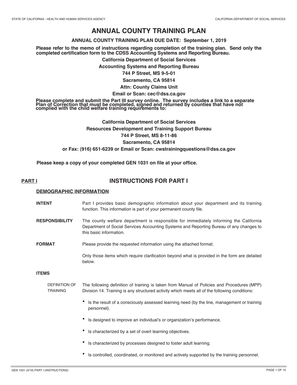 Form GEN1031 Annual County Training Plan - California, Page 1