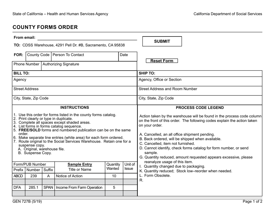 Form GEN727B County Forms Order - California, Page 1