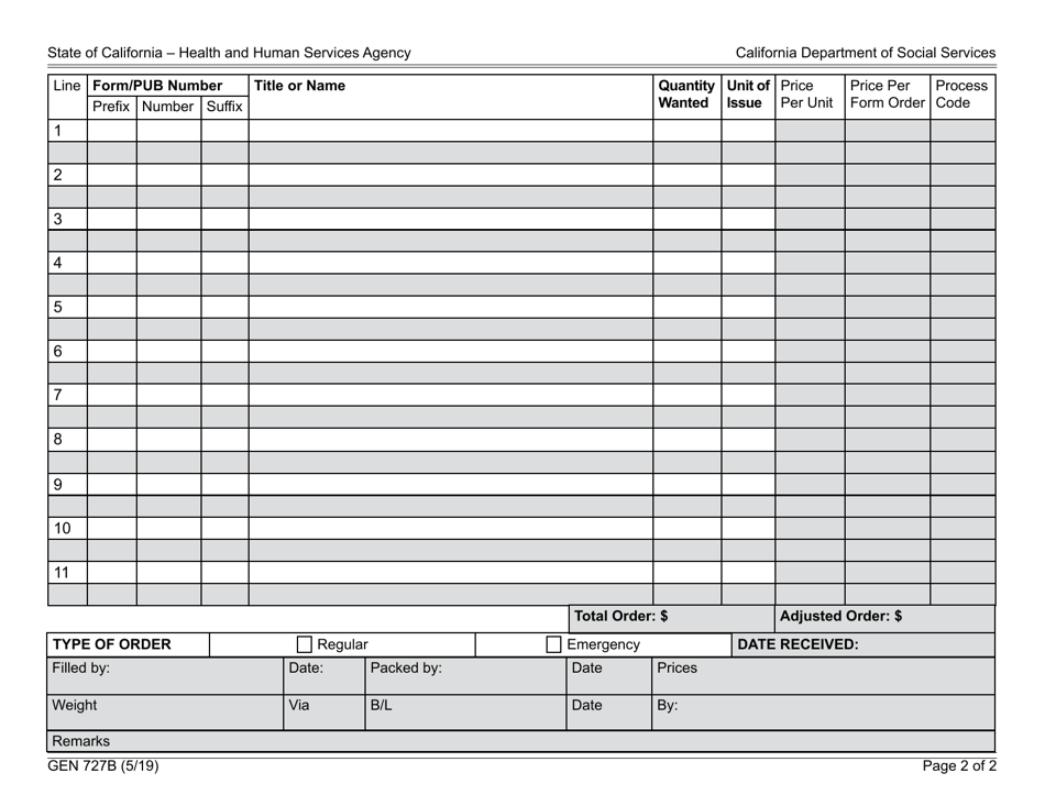 Form GEN727B County Forms Order - California, Page 2
