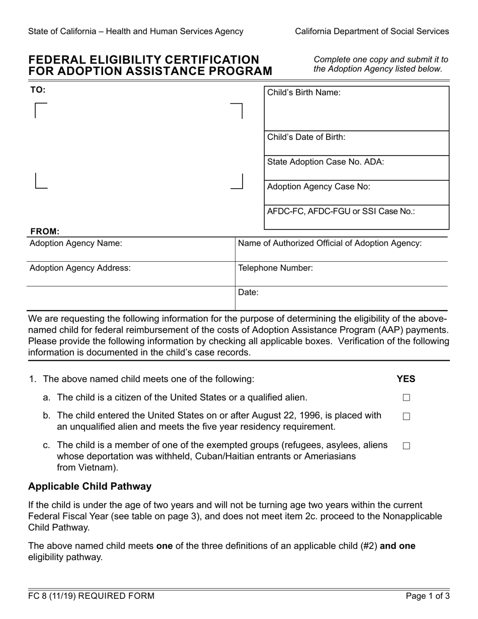 Form FC8 Federal Eligibility Certification for Adoption Assistance Program - California, Page 1