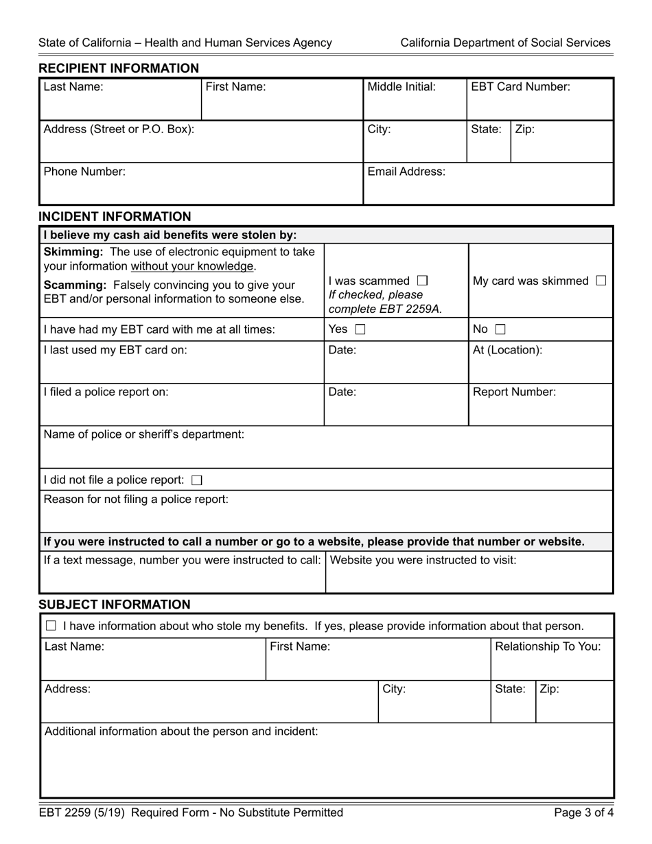 Form EBT2259 Report of Electronic Theft of Cash Aid - California, Page 3