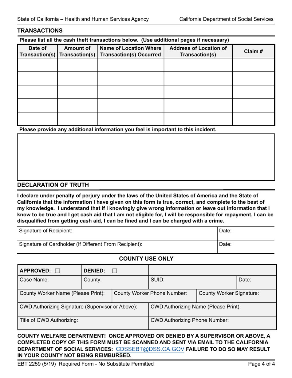 Form EBT2259 Report of Electronic Theft of Cash Aid - California, Page 4