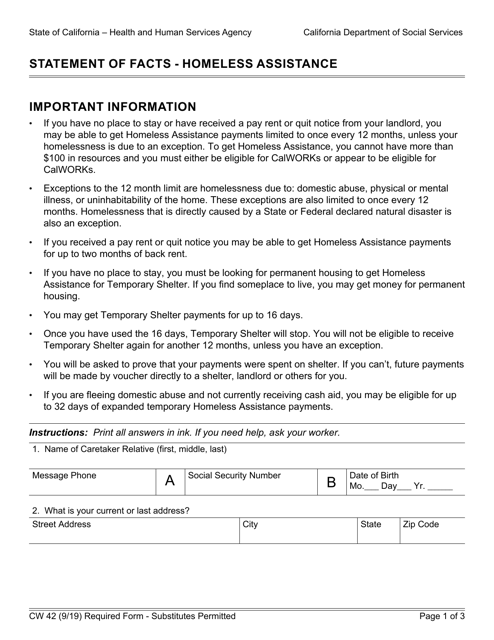 Form CW42  Printable Pdf