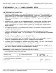 Form CW42 Statement of Facts - Homeless Assistance - California