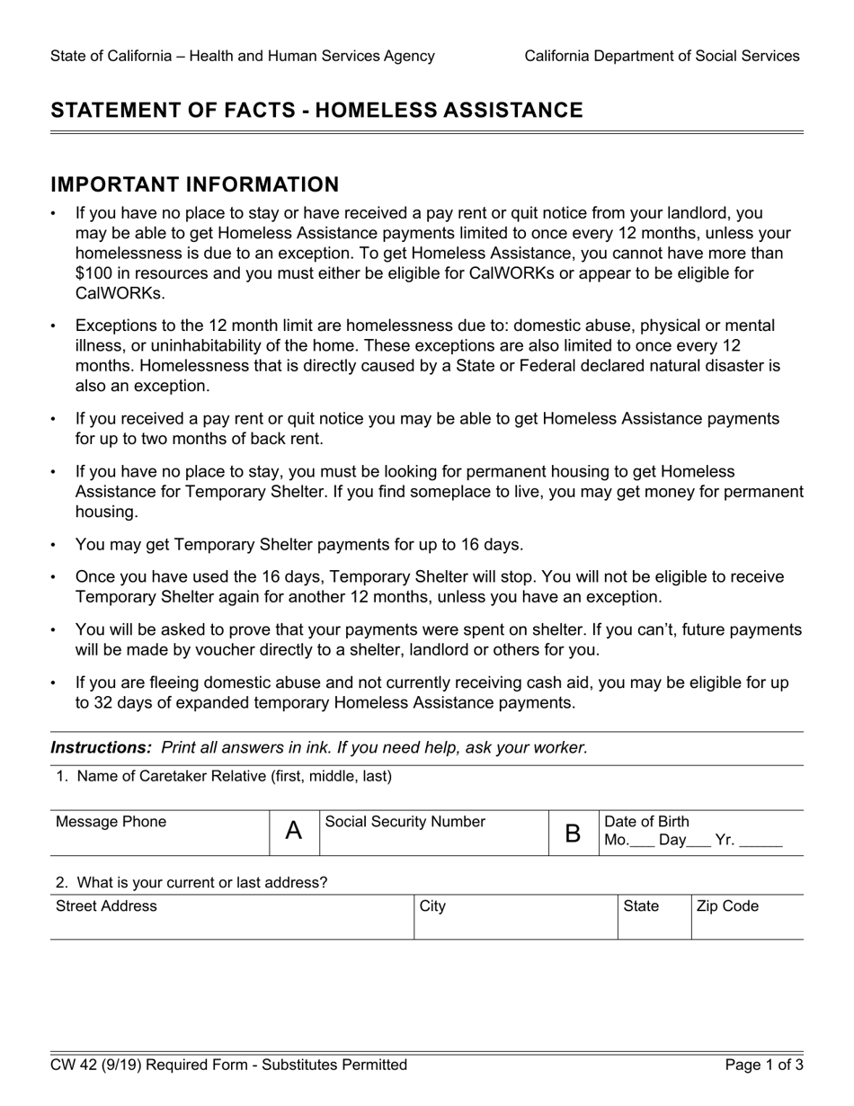 Form CW42 Statement of Facts - Homeless Assistance - California, Page 1