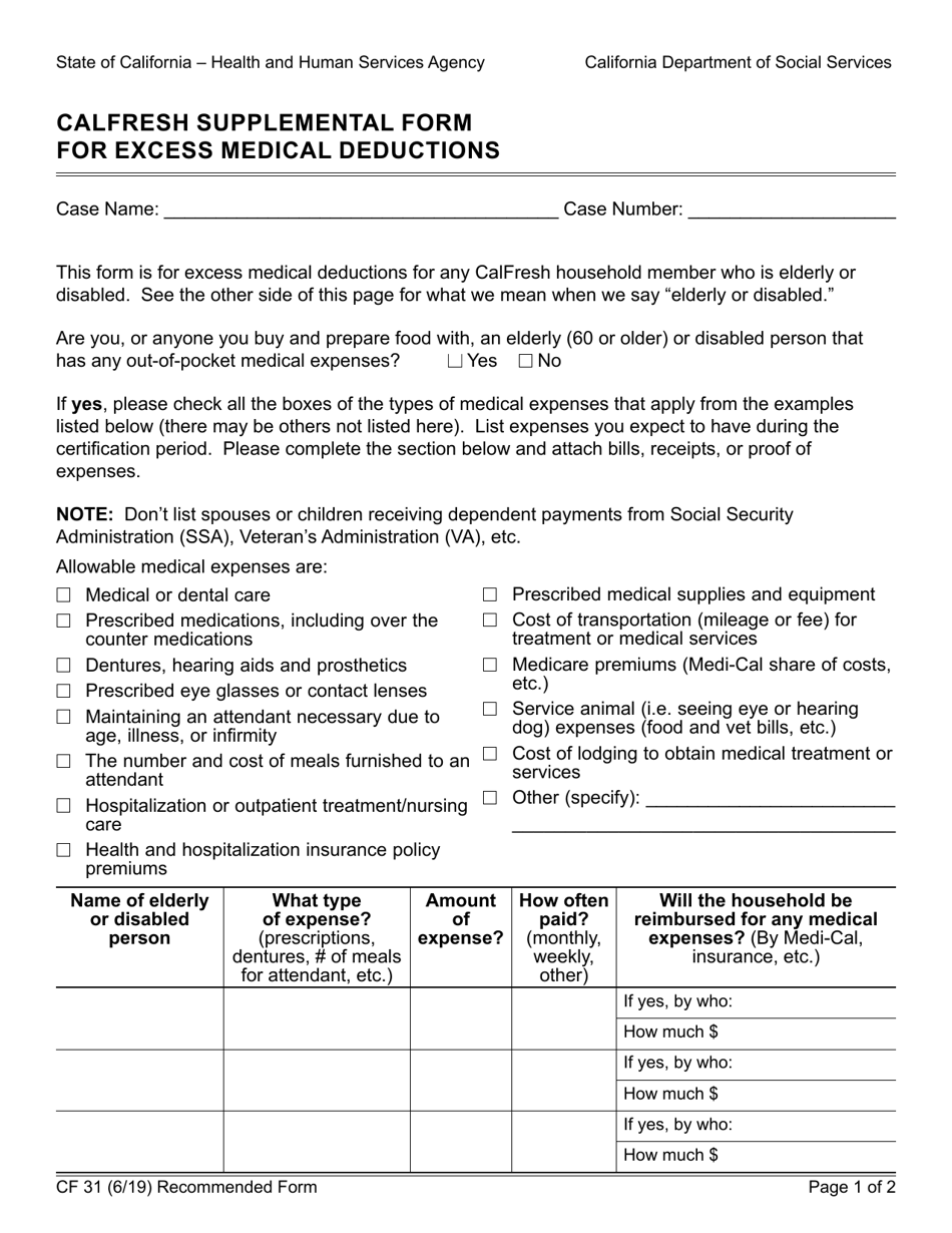 Form CF31 CalFresh Supplemental Form for Excess Medical Deductions - California, Page 1