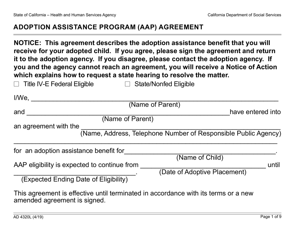Form AD4320L Adoption Assistance Program (Aap) Agreement (Large Print) - California, Page 1