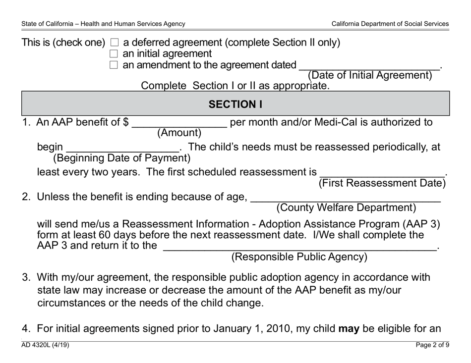 Form AD4320L Adoption Assistance Program (Aap) Agreement (Large Print) - California, Page 2