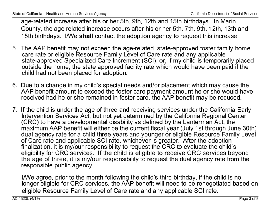 Form AD4320L Adoption Assistance Program (Aap) Agreement (Large Print) - California, Page 3