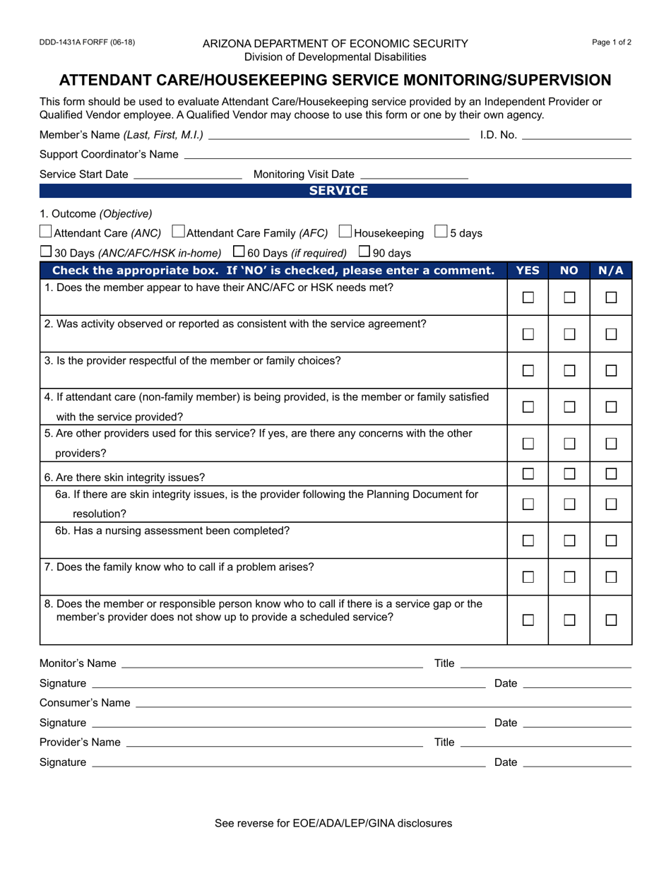 Form DDD-1431A Attendant Care / Housekeeping Service Monitoring / Supervision - Arizona, Page 1