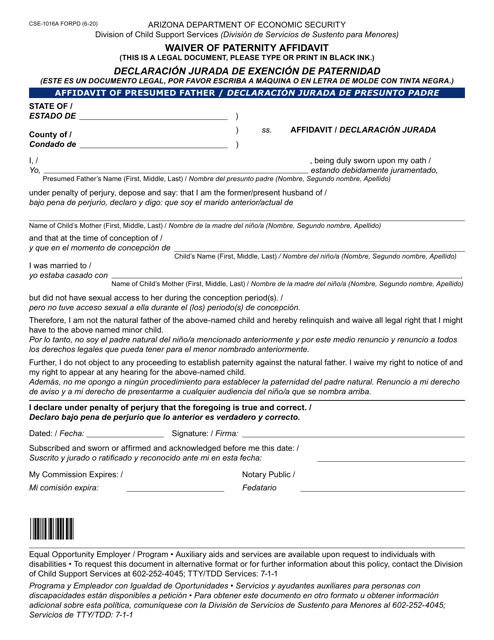 Form CSE-1016A Waiver of Paternity Affidavit - Arizona (English/Spanish)