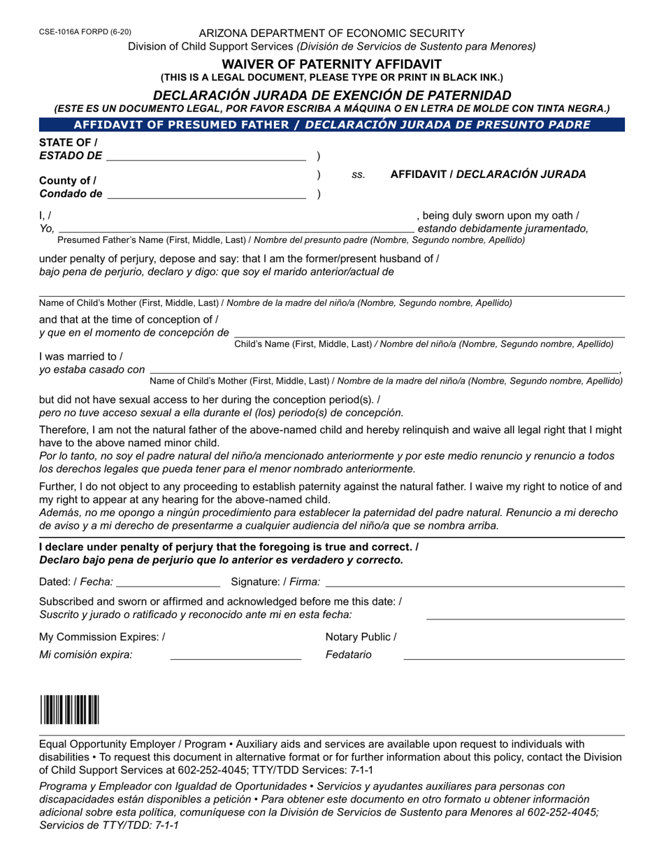 Form CSE-1016A Waiver of Paternity Affidavit - Arizona (English / Spanish), Page 1