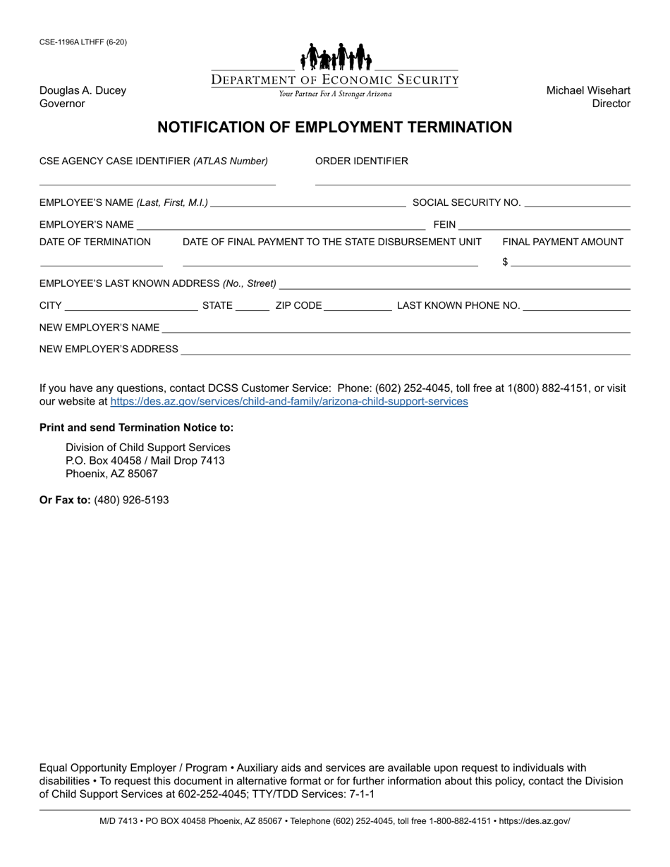 Form CSE-1196A Notification of Employment Termination - Arizona, Page 1