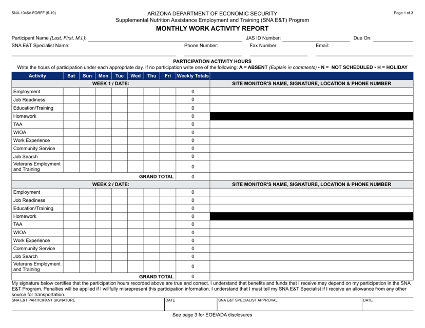 Form SNA-1046A Monthly Work Activity Report - Arizona