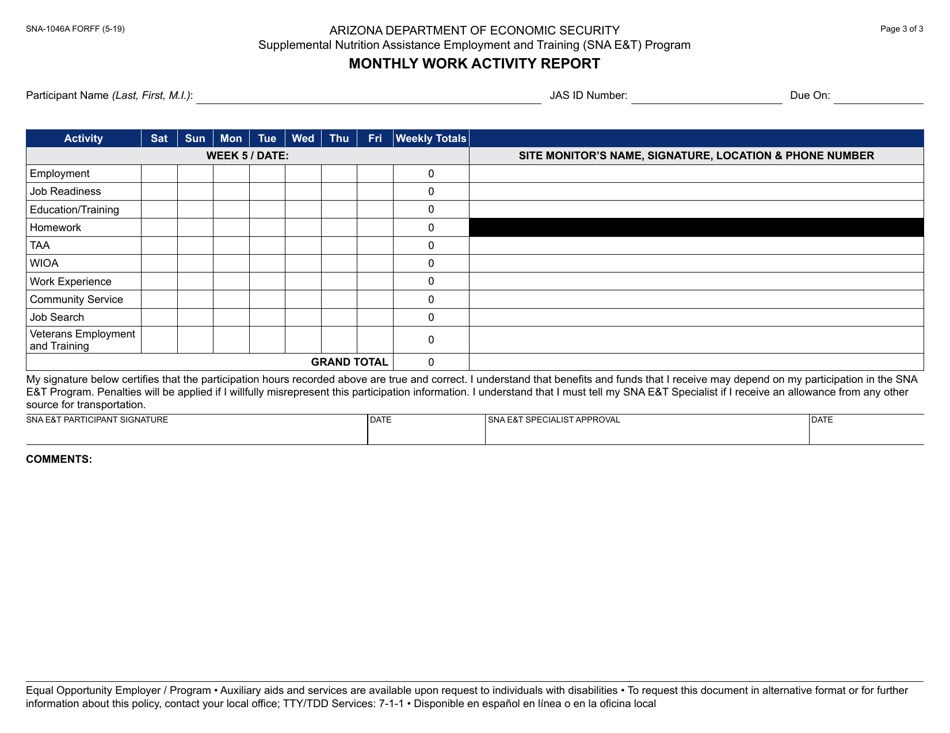 Form SNA-1046A Monthly Work Activity Report - Arizona, Page 3