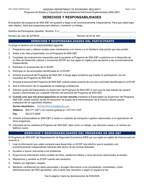 Formulario SNA-1000A-S Derechos Y Responsabilidades - Arizona (Spanish)