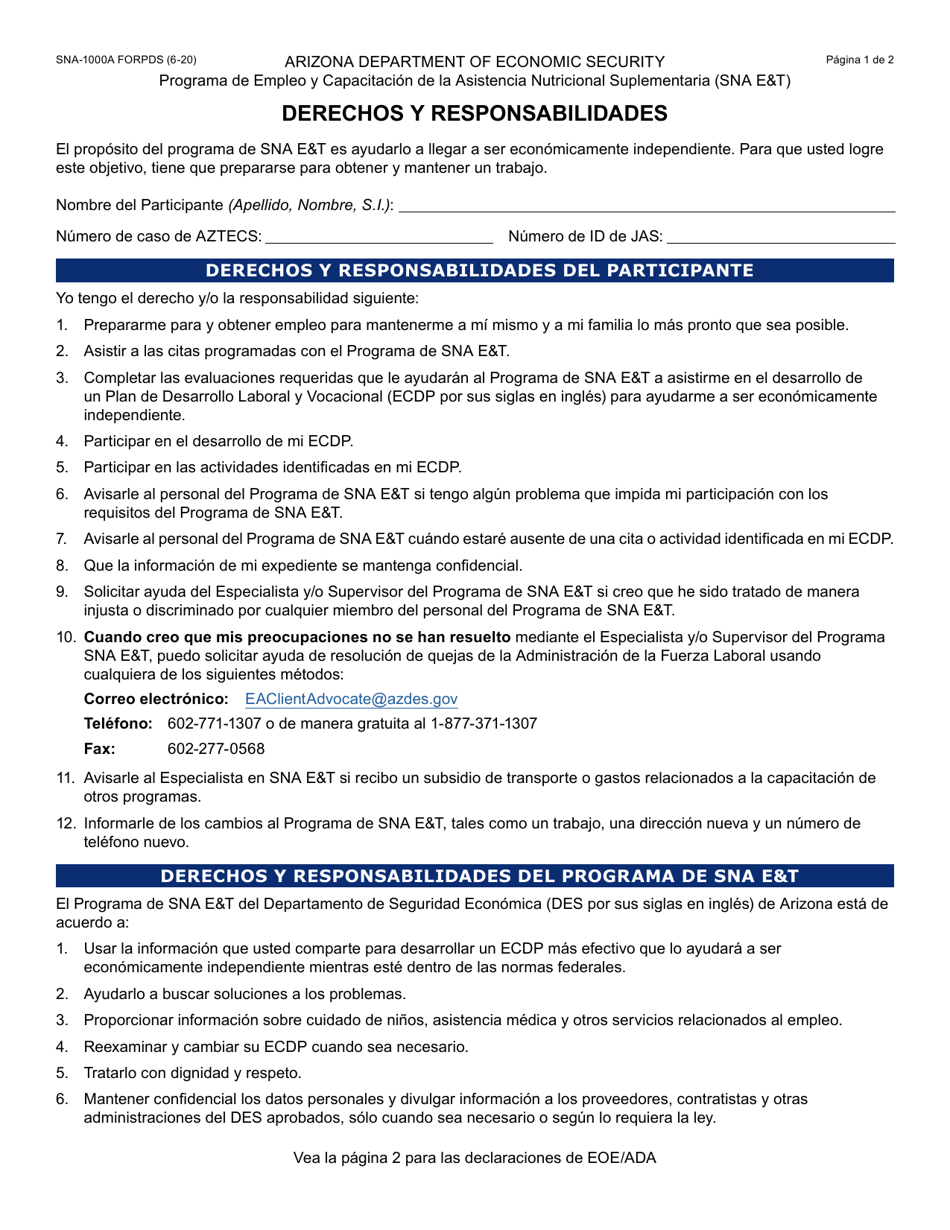 Formulario SNA-1000A-S Derechos Y Responsabilidades - Arizona (Spanish), Page 1