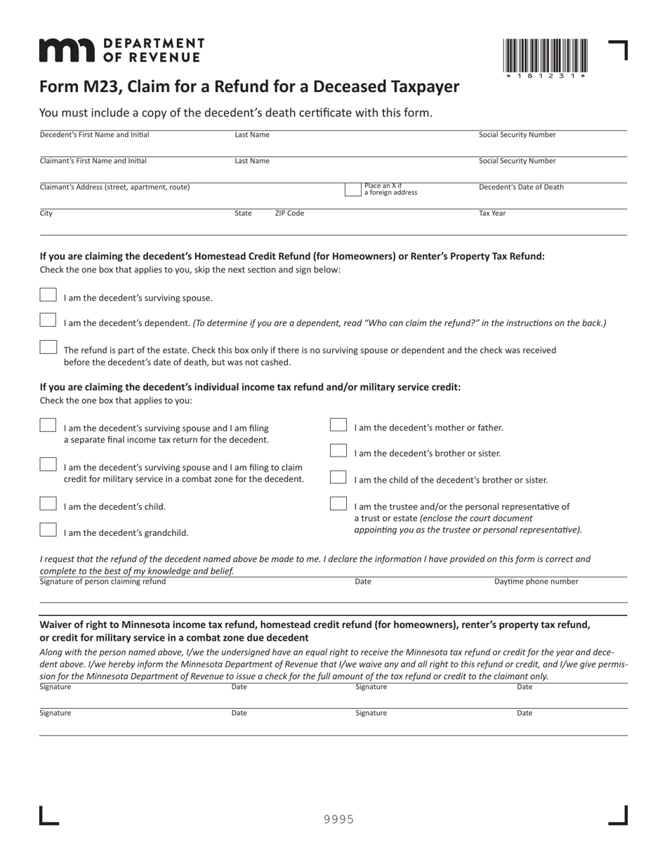 Form M23 Claim for a Refund for a Deceased Taxpayer - Minnesota, Page 1