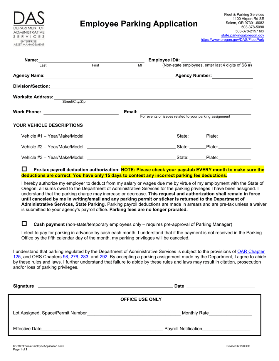 Oregon Employee Parking Application Download Fillable PDF Templateroller