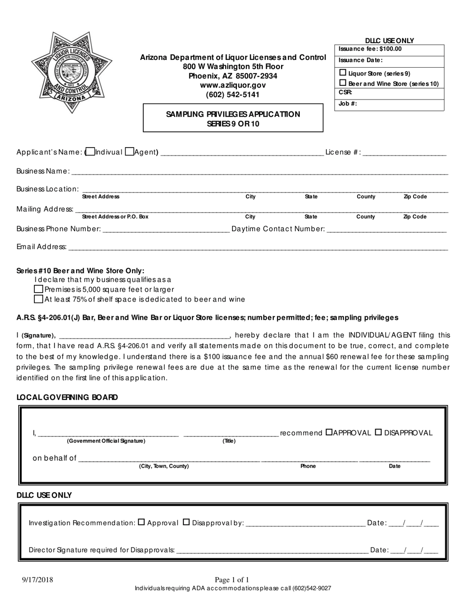 Arizona Sampling Privileges Applicattion Series 9 or 10 - Fill Out ...