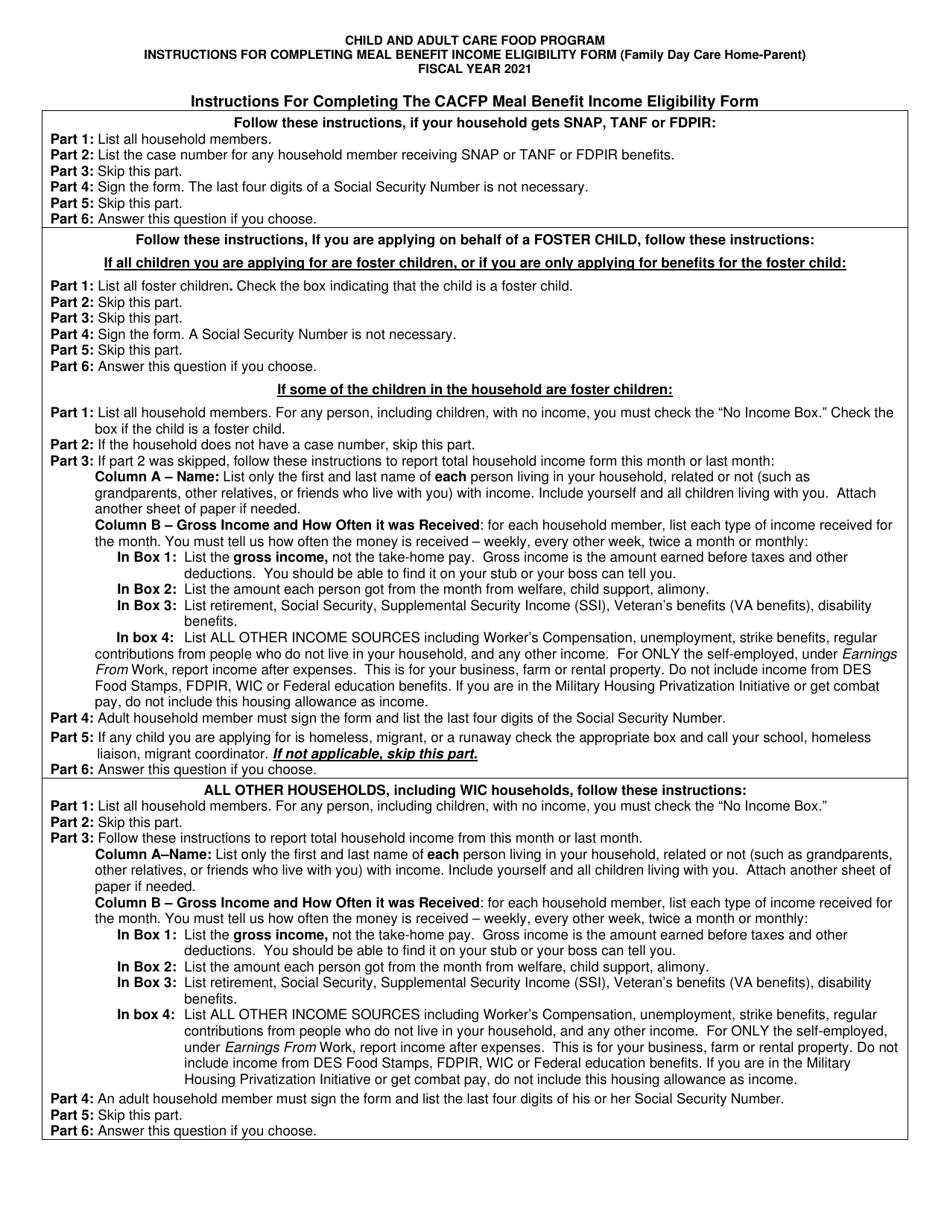 Instructions for CACFP Meal Benefit Income Eligibility Form (Family Day Care Home-Parent) - Arizona, Page 1