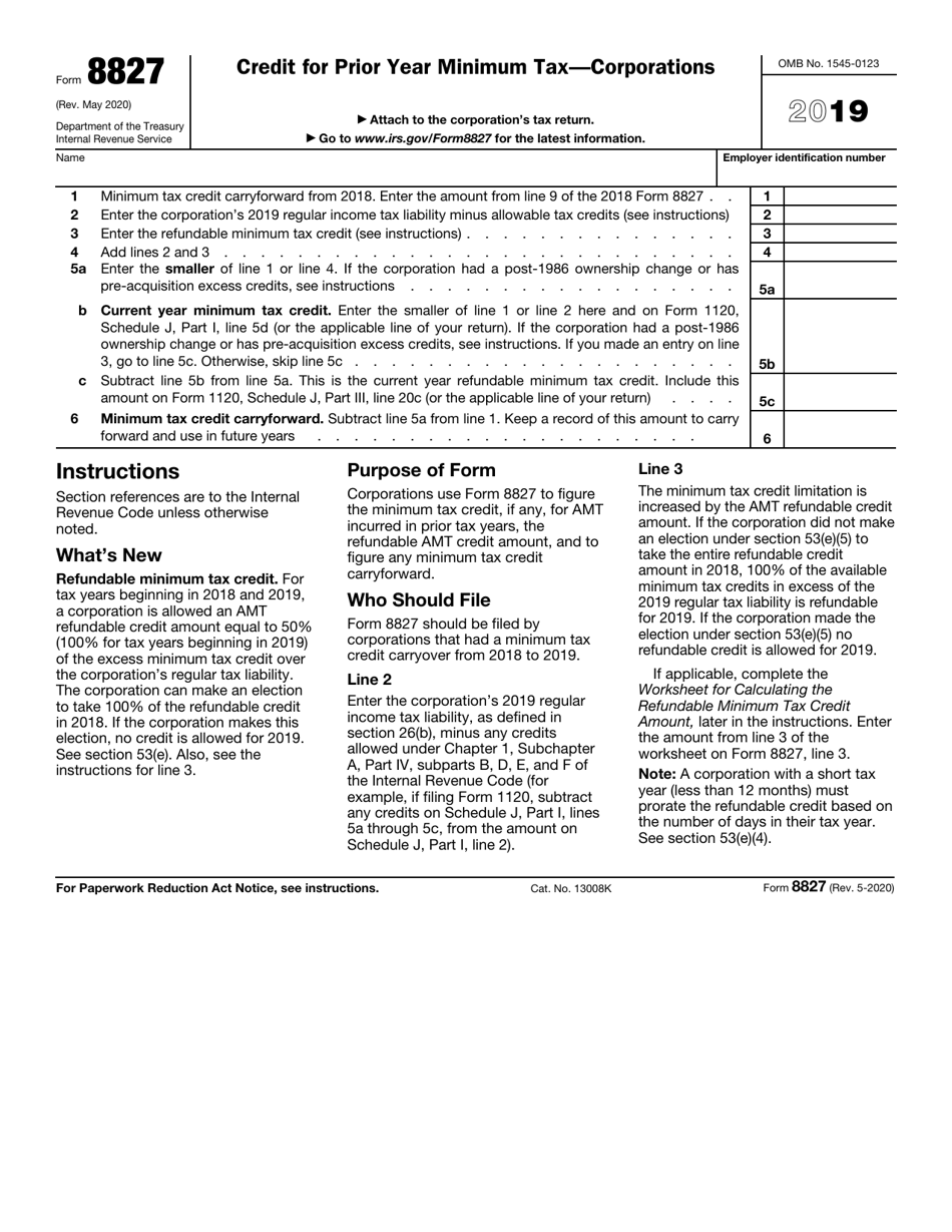 IRS Form 8827 Credit for Prior Year Minimum Tax - Corporations, Page 1