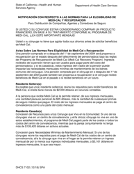 Document preview: Formulario DHCS7102 Notificacion Con Respecto a Las Normas Para La Elegibilidad De Medi-Cal Y Recuperacion Para Distribucion De Companias, Agentes Y Corredores De Seguro - California (Spanish)