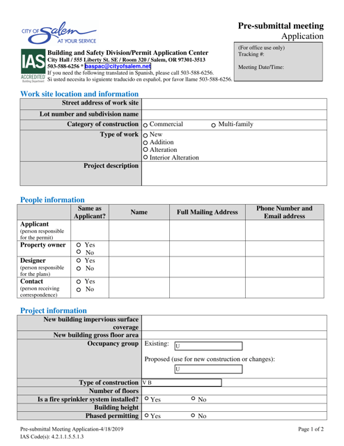Pre-submittal Meeting Application - City of Salem, Oregon Download Pdf