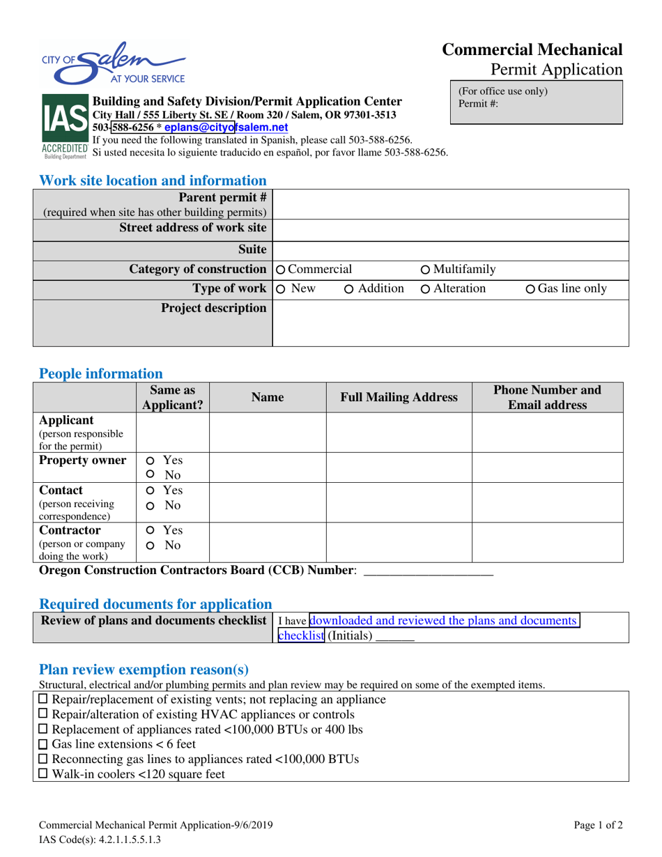 Commercial Mechanical Permit Application - City of Salem, Oregon, Page 1
