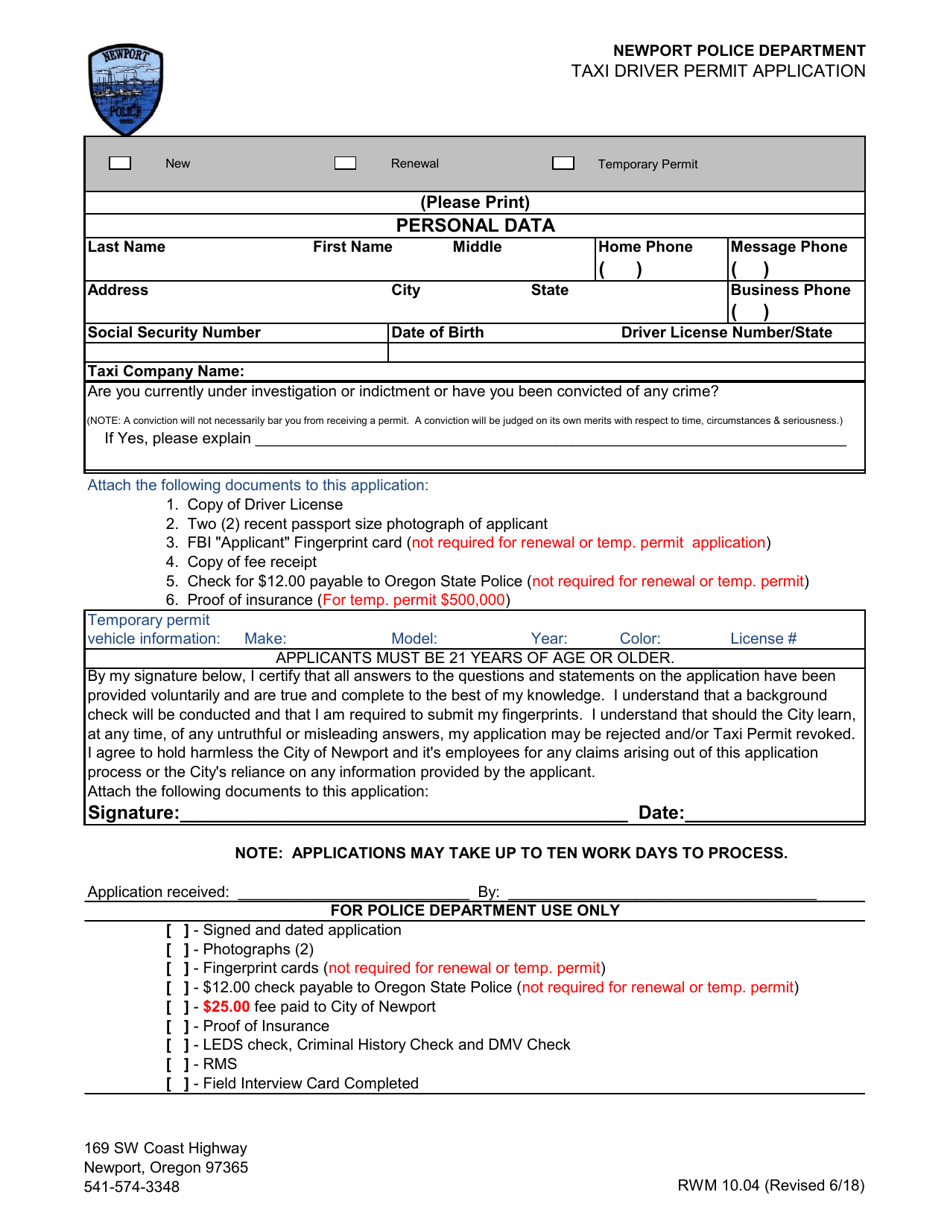 Taxi Driver Permit Application - City of Newport, Oregon, Page 1