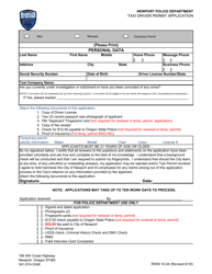 Document preview: Taxi Driver Permit Application - City of Newport, Oregon