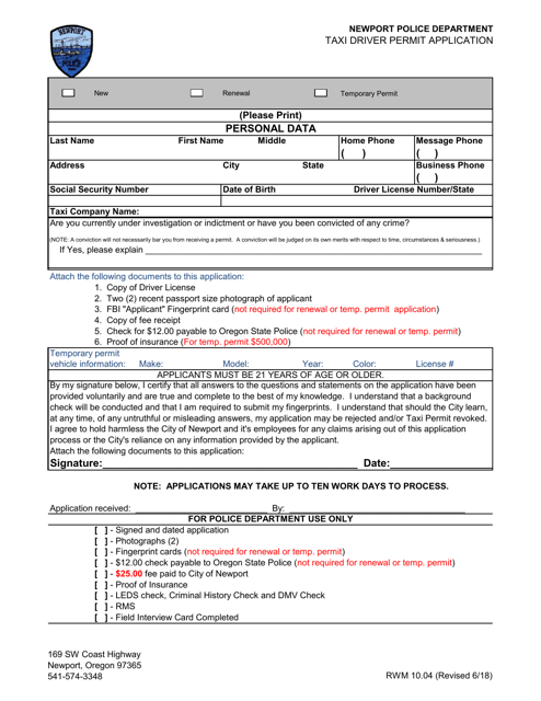 Taxi Driver Permit Application - City of Newport, Oregon Download Pdf
