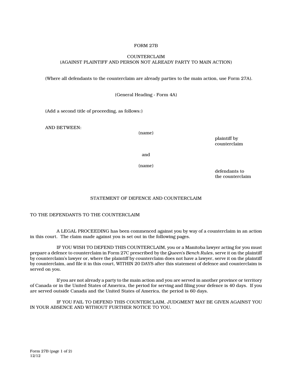 Form 27B Counterclaim (Against Plaintiff and Person Not Already Party to Main Action) - Manitoba, Canada, Page 1