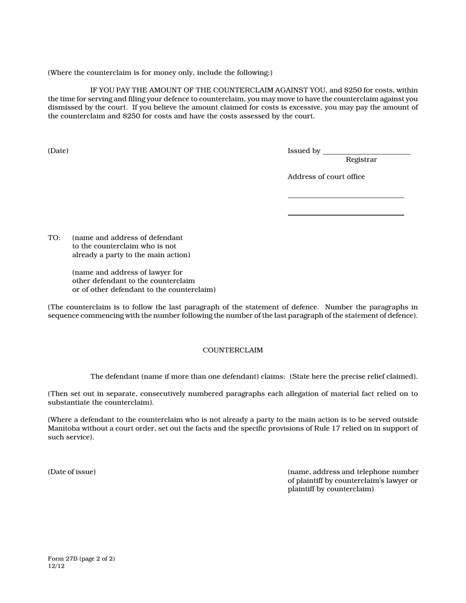 Form 27B - Fill Out, Sign Online and Download Printable PDF, Manitoba ...