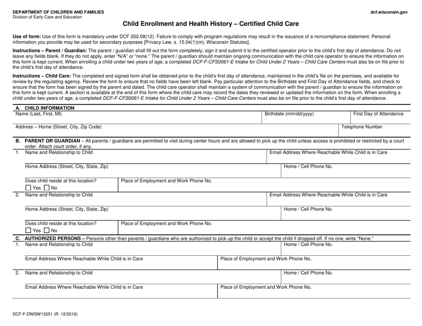 Form DCF-F-DWSW13251 Child Enrollment and Health History - Certified Child Care - Wisconsin