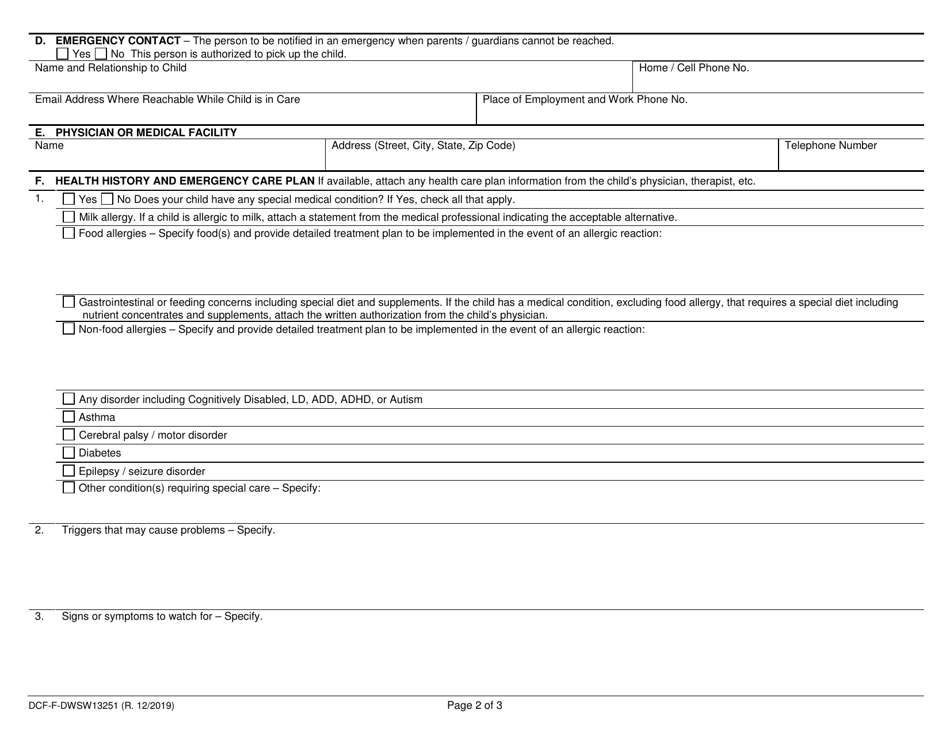 Form DCF-F-DWSW13251 Child Enrollment and Health History - Certified Child Care - Wisconsin, Page 2