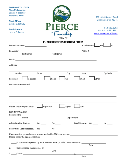 Form J Public Records Request Form - Pierce Township, Ohio