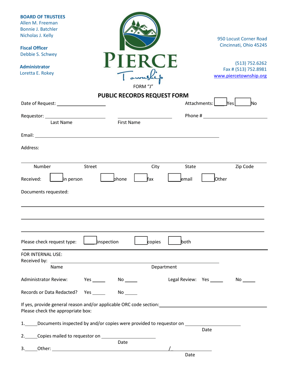 Form J Public Records Request Form - Pierce Township, Ohio, Page 1