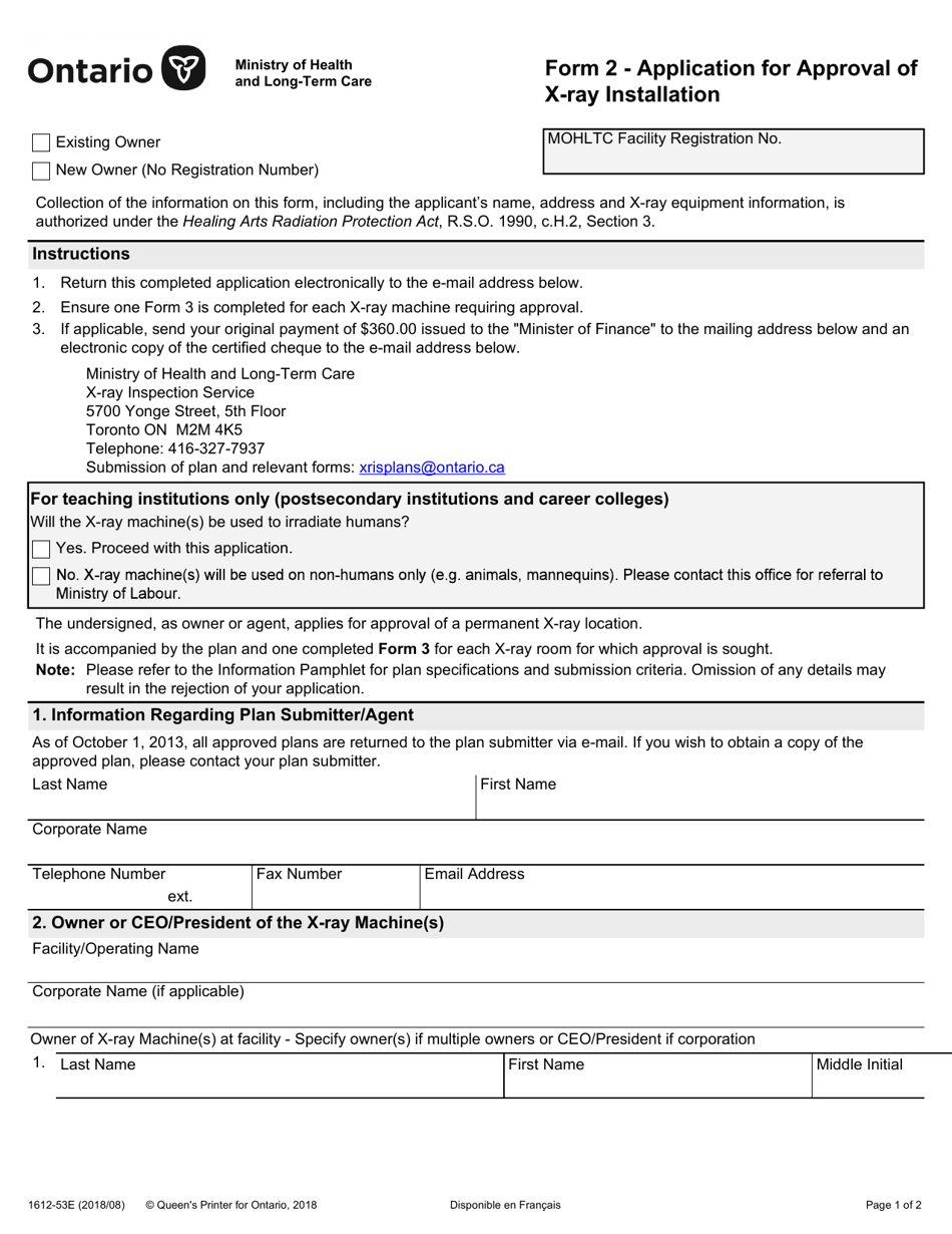 Form 1612-53 (2) Application for Approval of X-Ray Installation - Ontario, Canada, Page 1